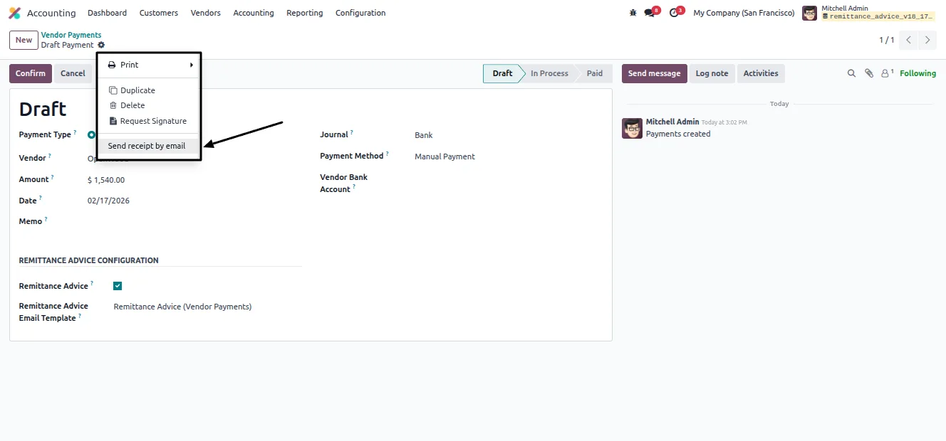 Send Receipt by Email option for remittance advice in Odoo