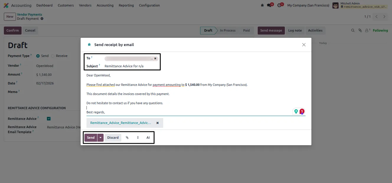 Email composer with the remittance advice PDF attached in Odoo