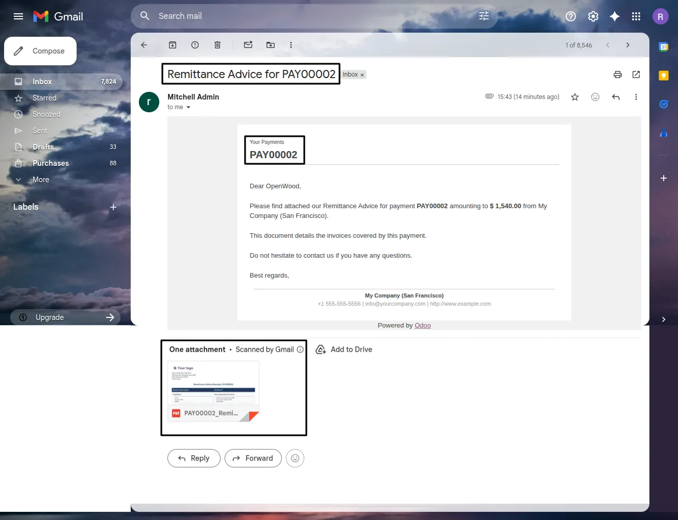 Generated vendor payment remittance advice PDF with company signature