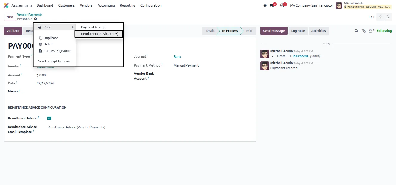 Remittance Advice email template in Odoo technical settings