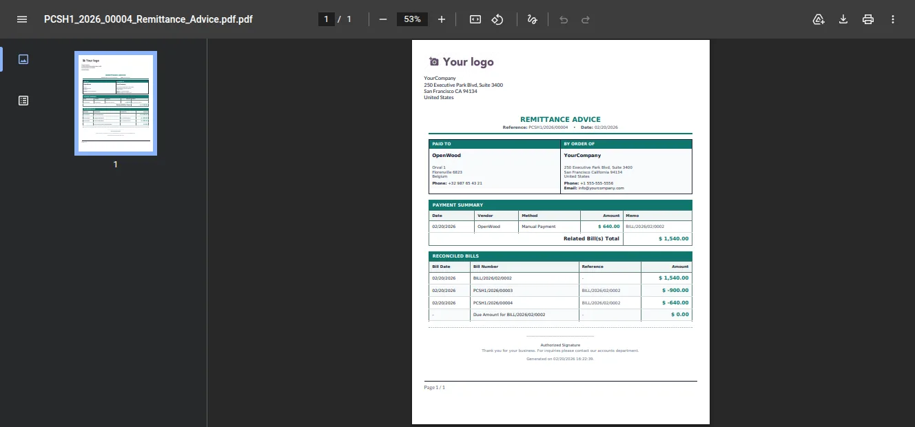 Company signature setting used by the Odoo remittance advice report