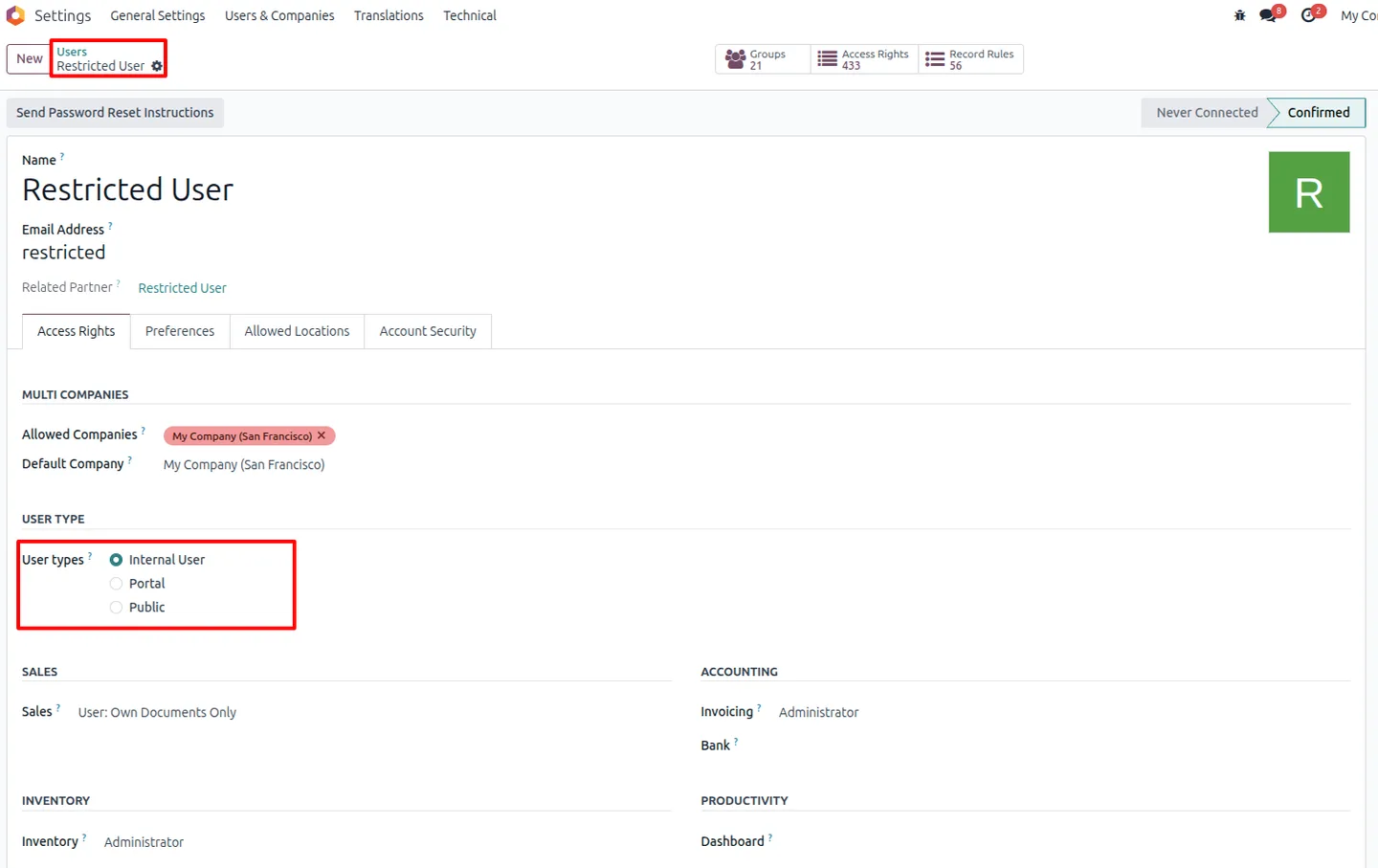 Restricted stock locations created for each warehouse in Odoo