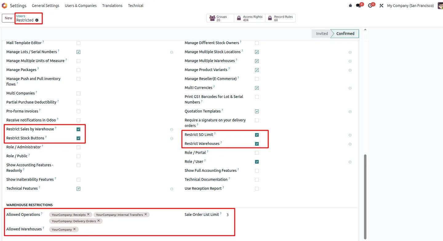 User access rights panel with warehouse restriction settings in Odoo