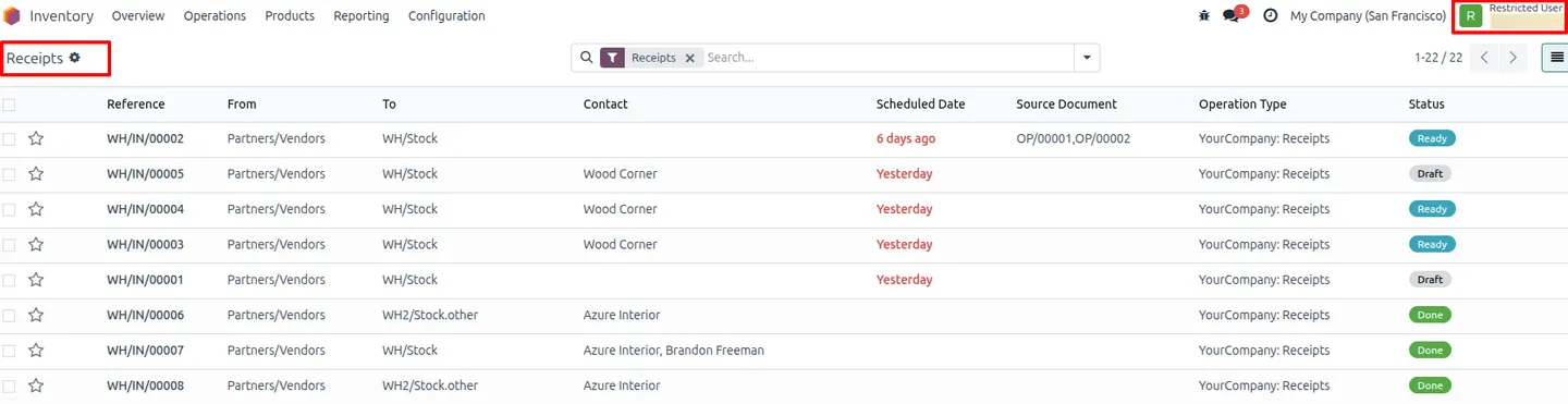 Warehouse restriction toggles enabled on an Odoo user record