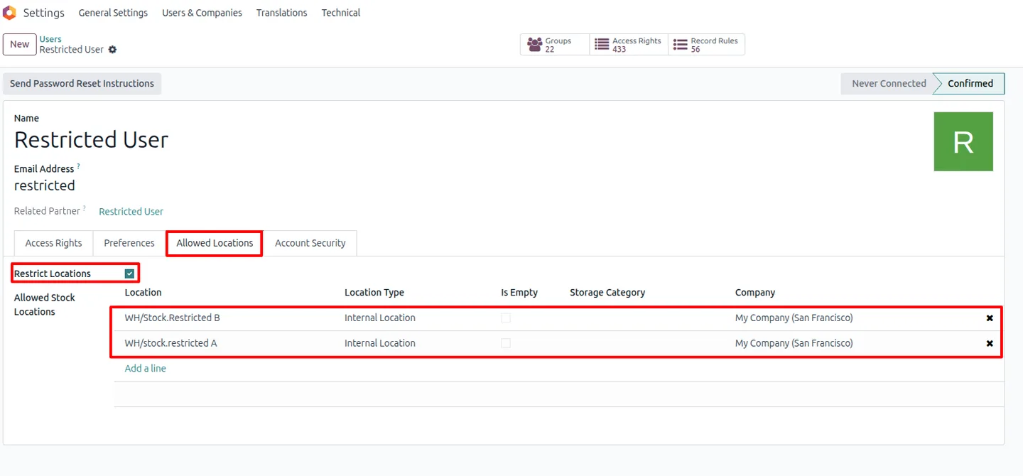 Restricted user seeing only their permitted warehouses in Odoo Inventory