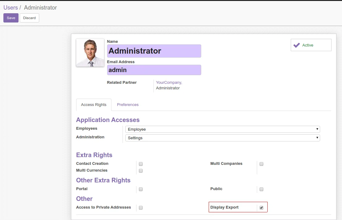 Display Export access right enabled on an Odoo user profile