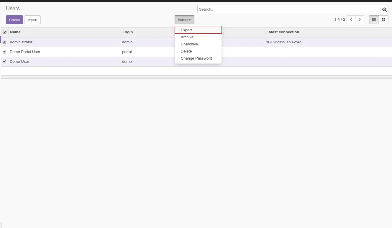 Export action visible in an Odoo list-view action menu