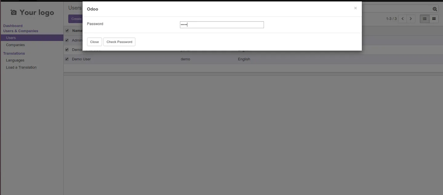 Password wizard prompting before an Odoo data export runs