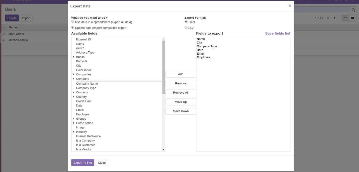 Field selection wizard for CSV and Excel export in Odoo