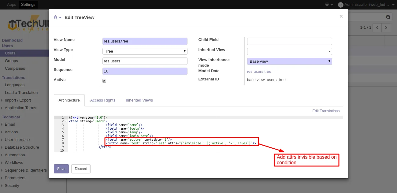Odoo 10 tree view with action buttons rendered on every row before TUS Web List View