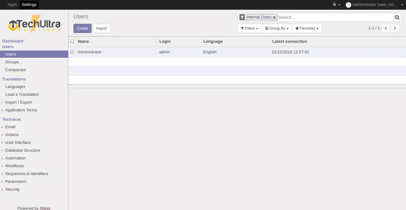 Same Odoo 10 tree view with attrs-based invisible conditions configured on buttons