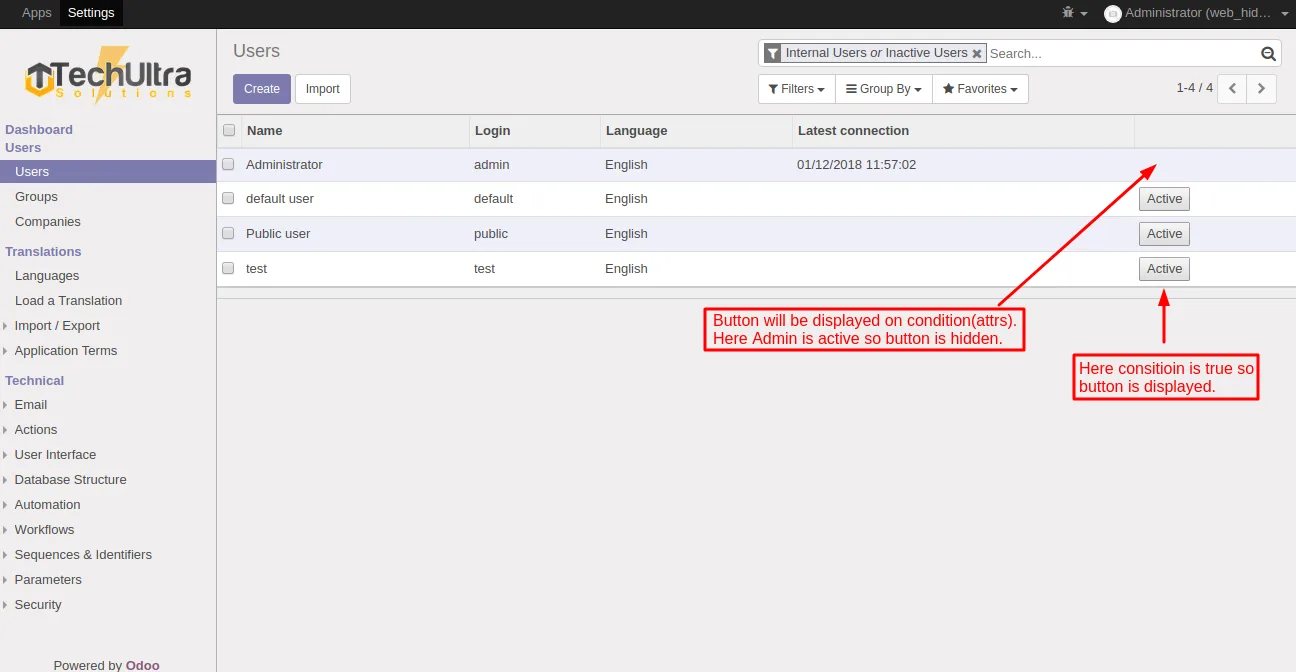Tree-view buttons hidden row-by-row in Odoo 10 after TUS Web List View applies attrs