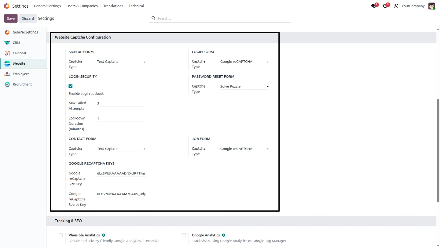 Website captcha configuration in Odoo settings, selecting a captcha type per form