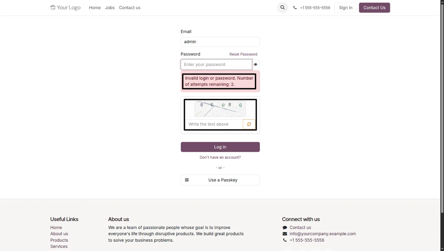 Odoo login page showing a failed sign-in attempt warning from the login-lockout feature