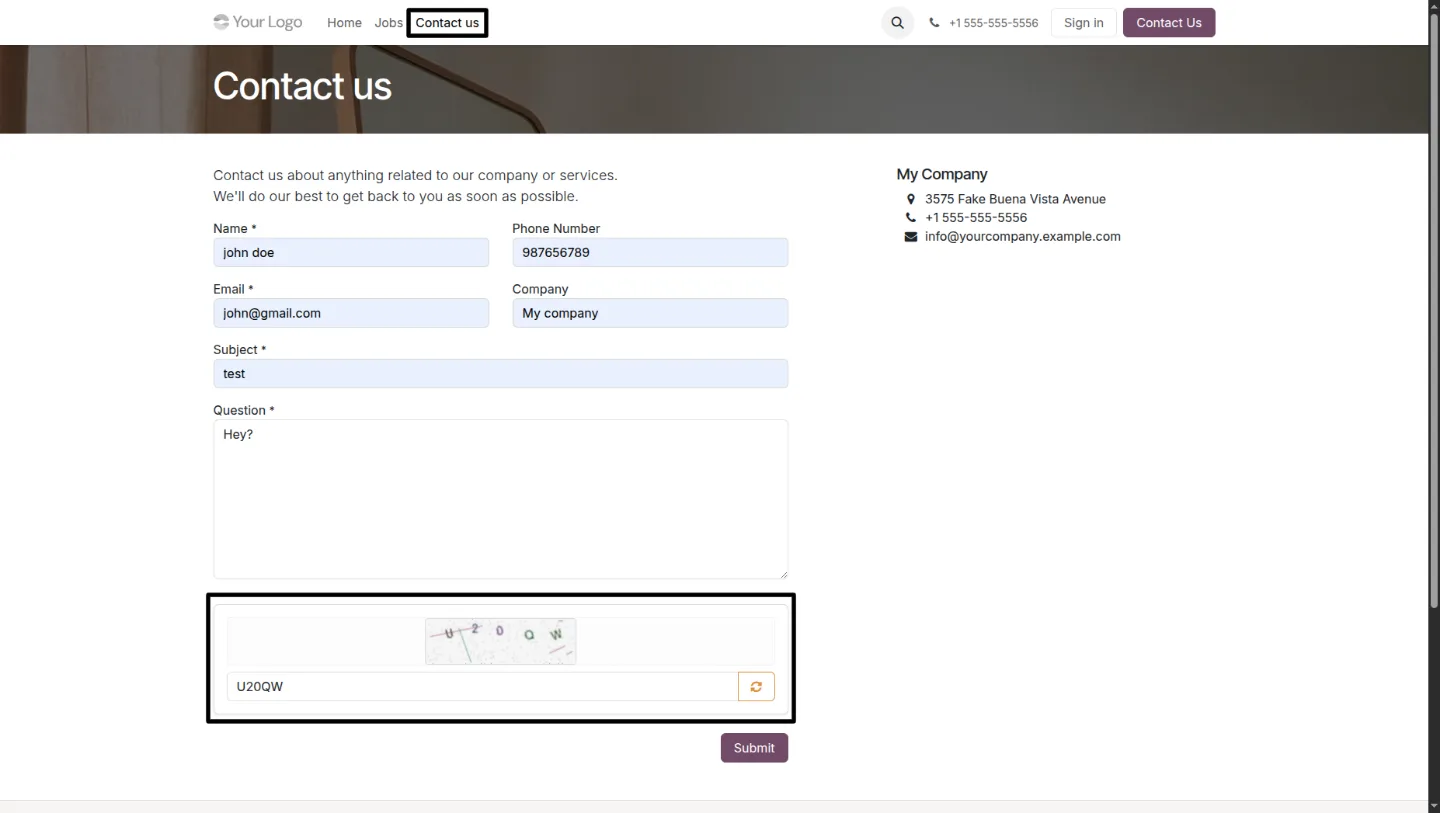 Text captcha displayed on the Odoo website Contact Us form