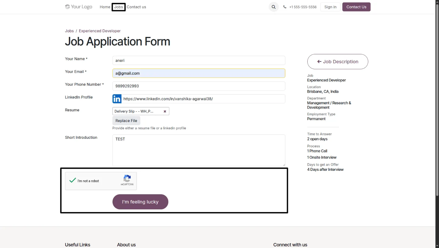 Google reCAPTCHA shown before the submit button on an Odoo job application form