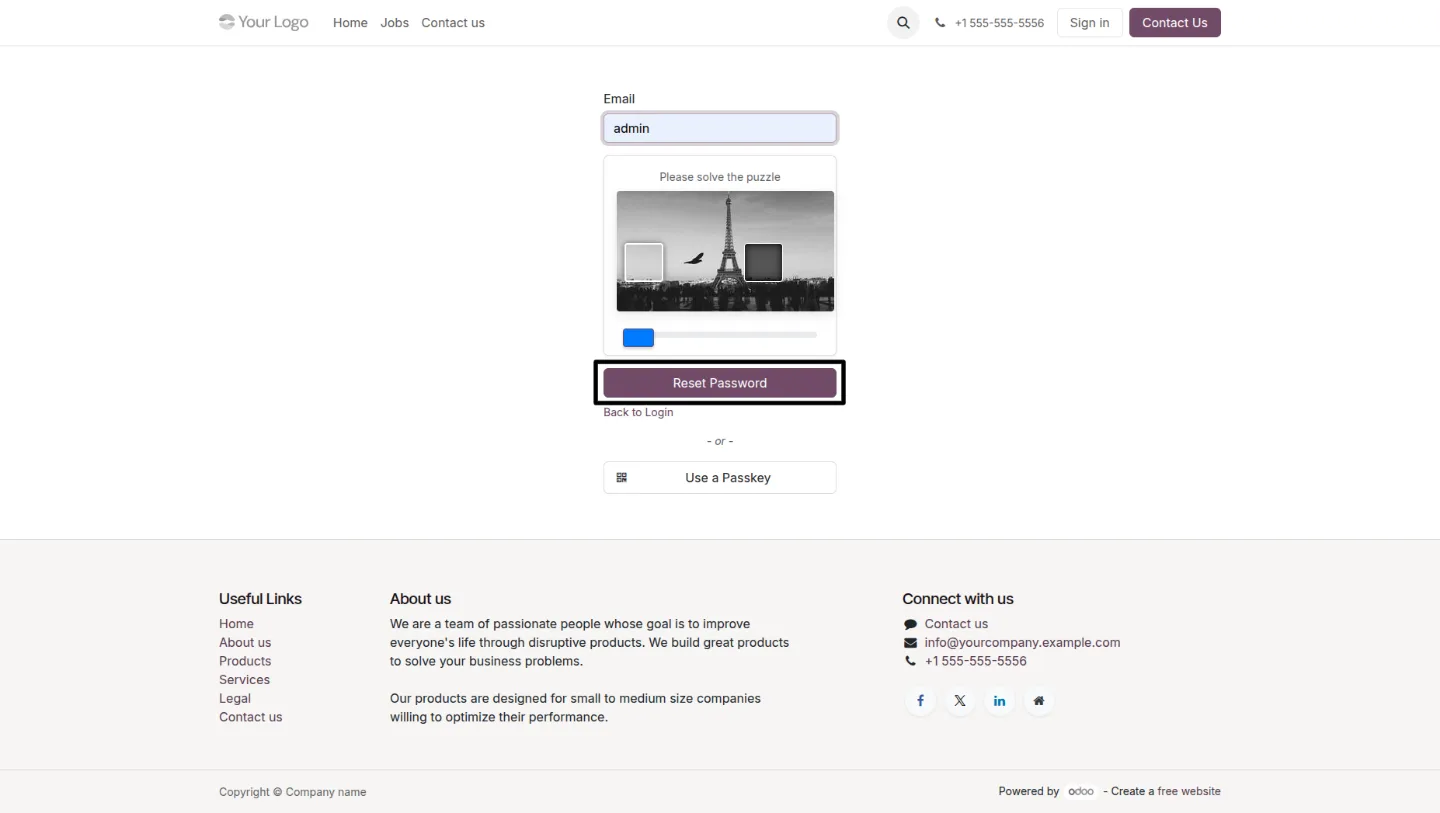 Captcha verification on the Odoo reset-password page