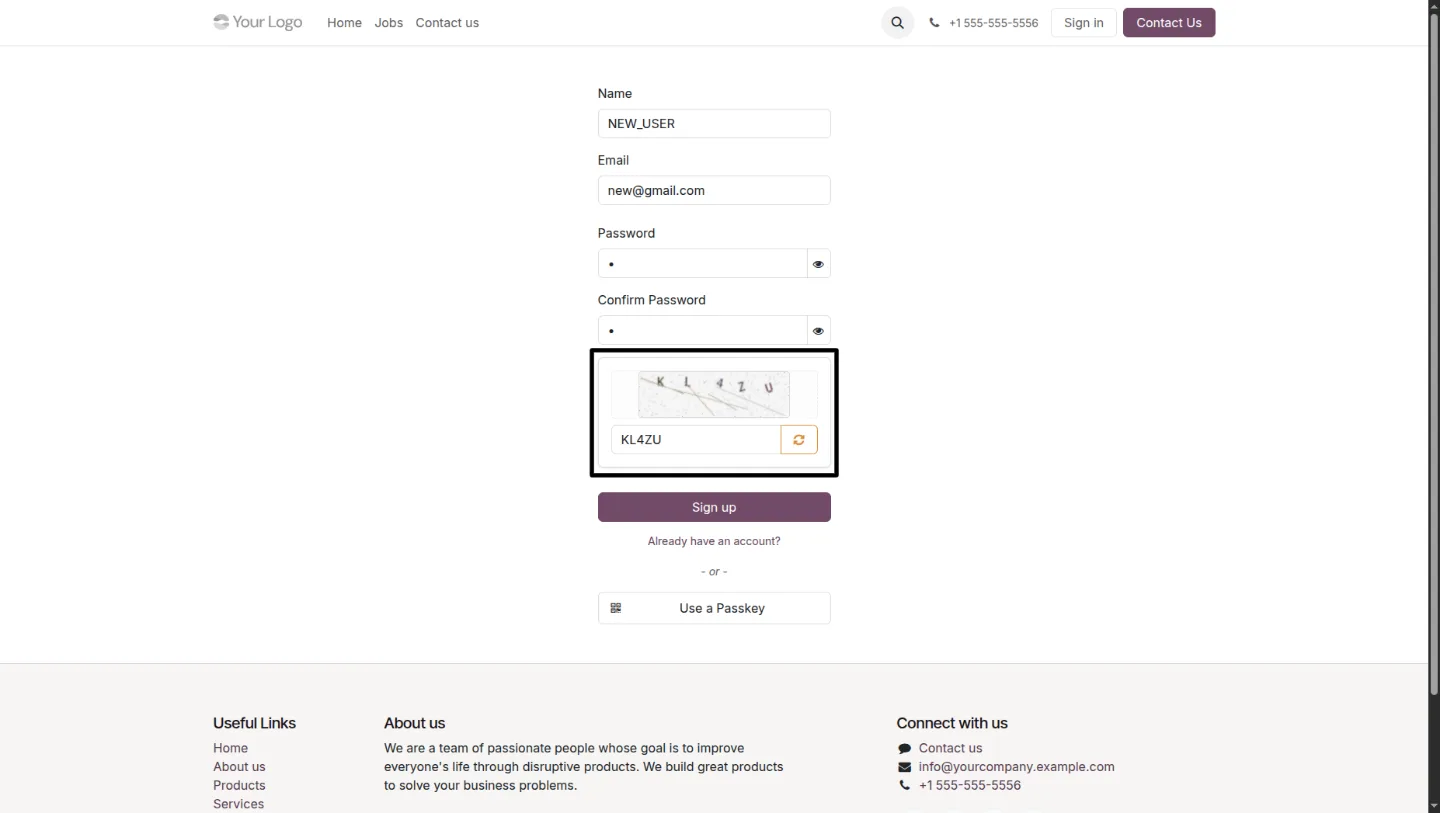 Captcha verification on the Odoo website signup page