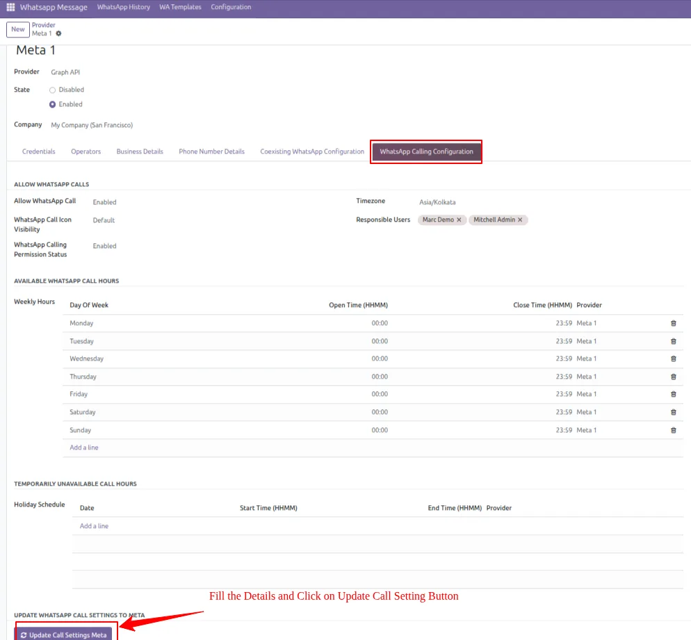 An incoming WhatsApp call notification inside Odoo