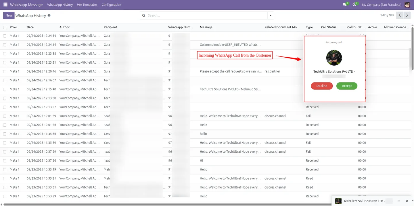 Updating WhatsApp call settings to the Meta system from Odoo