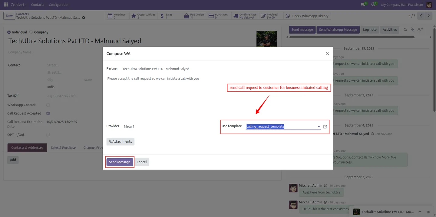 Configuring a WhatsApp call request template in Odoo Community