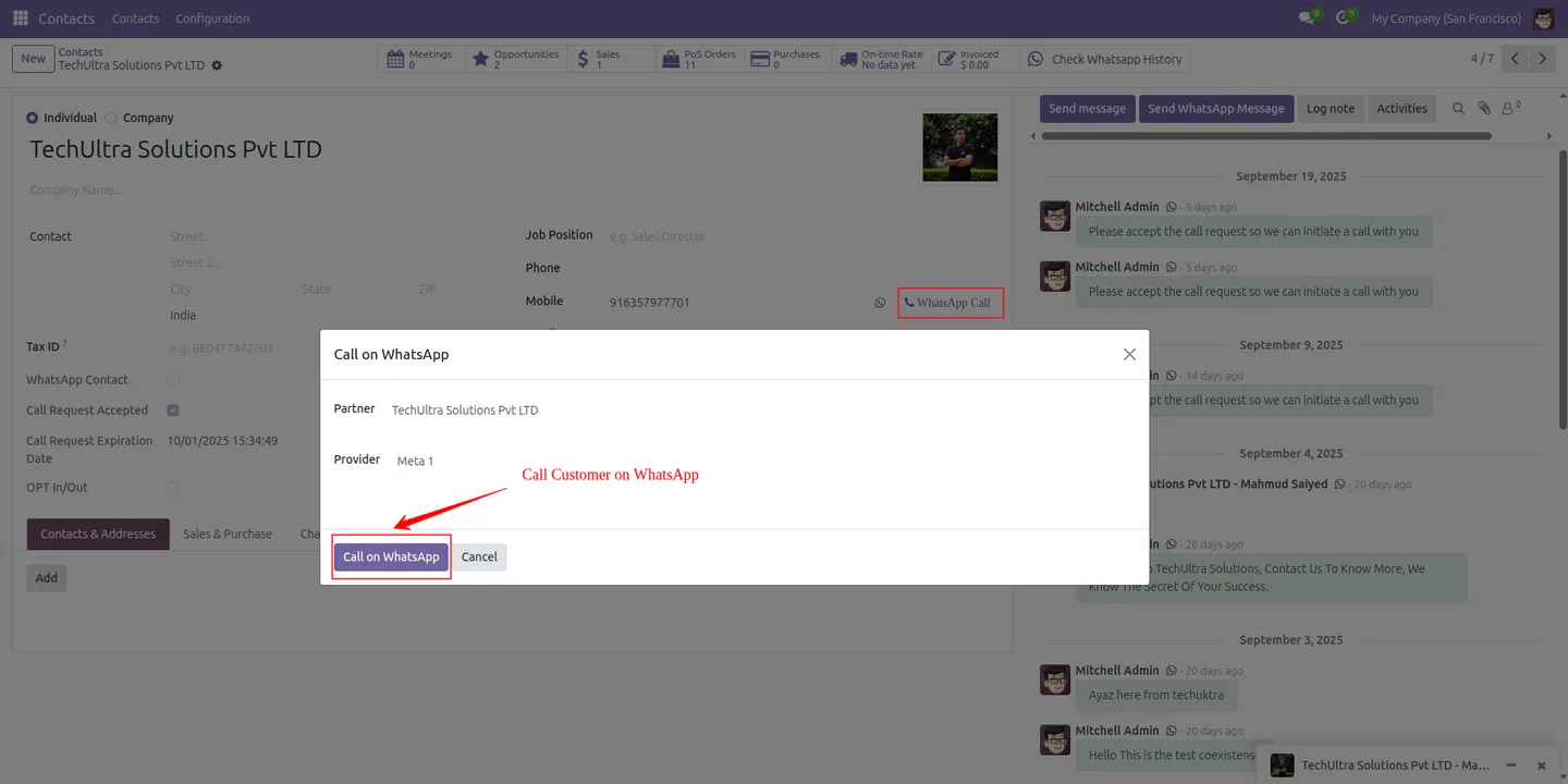 Starting an outgoing WhatsApp call from an Odoo record