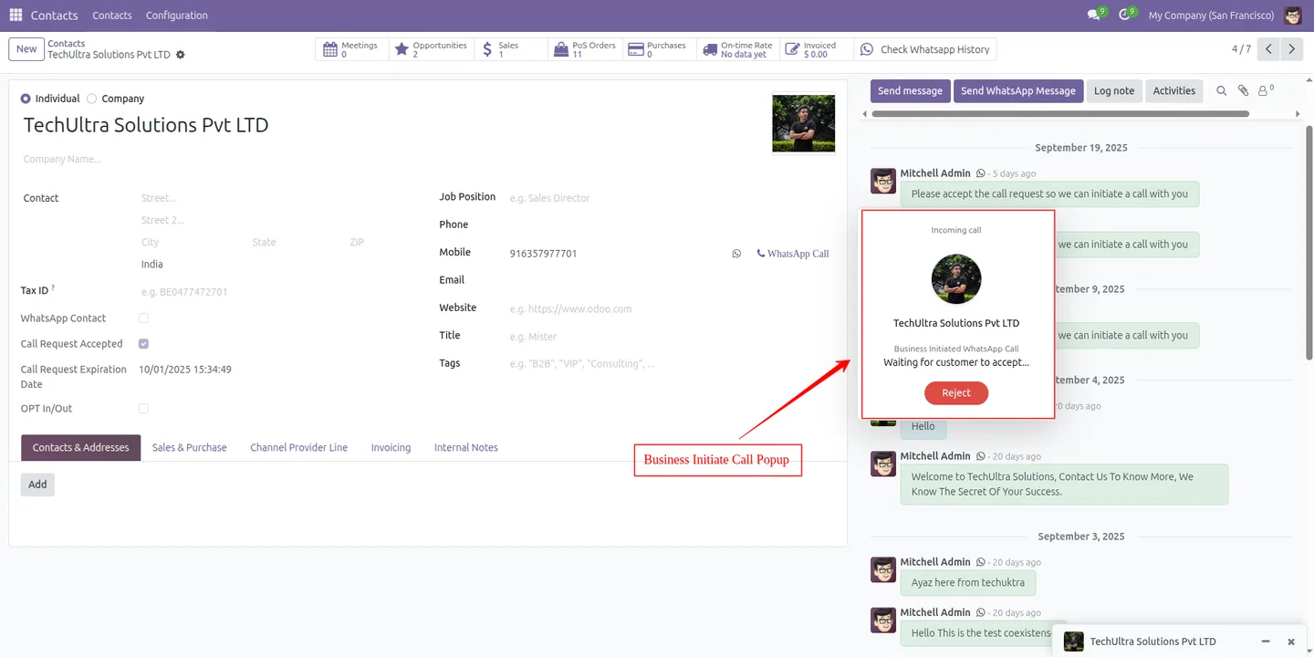An active WhatsApp call shown in real time inside Odoo