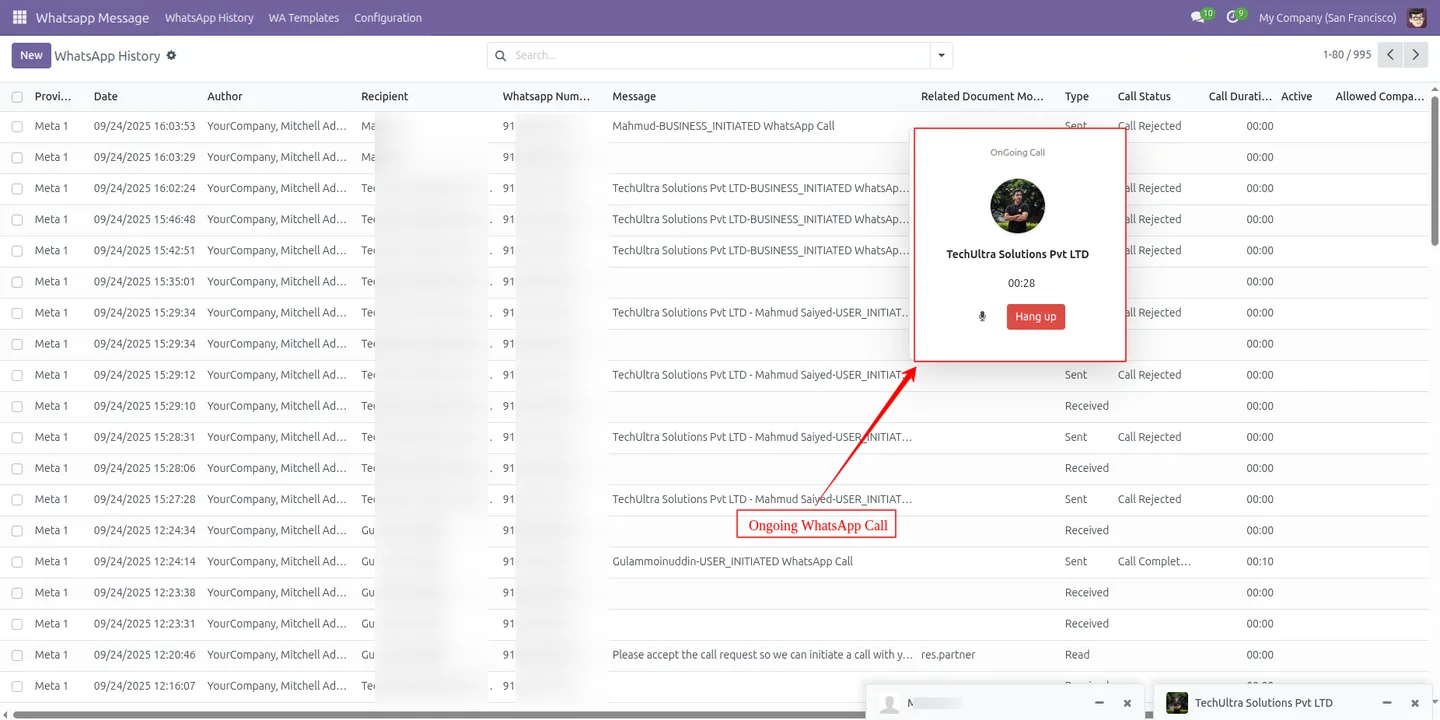 WhatsApp call history with duration and status in Odoo Community