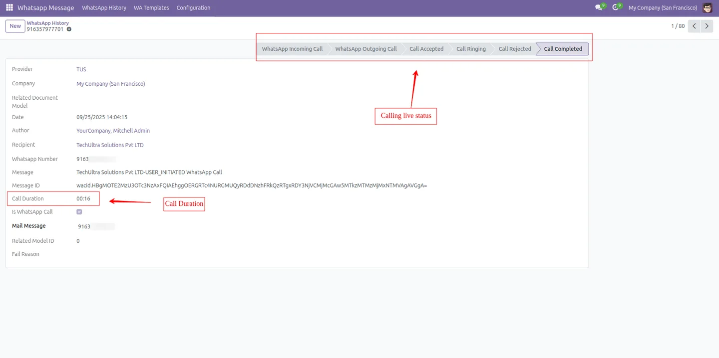 WhatsApp channel calling history for team review in Odoo