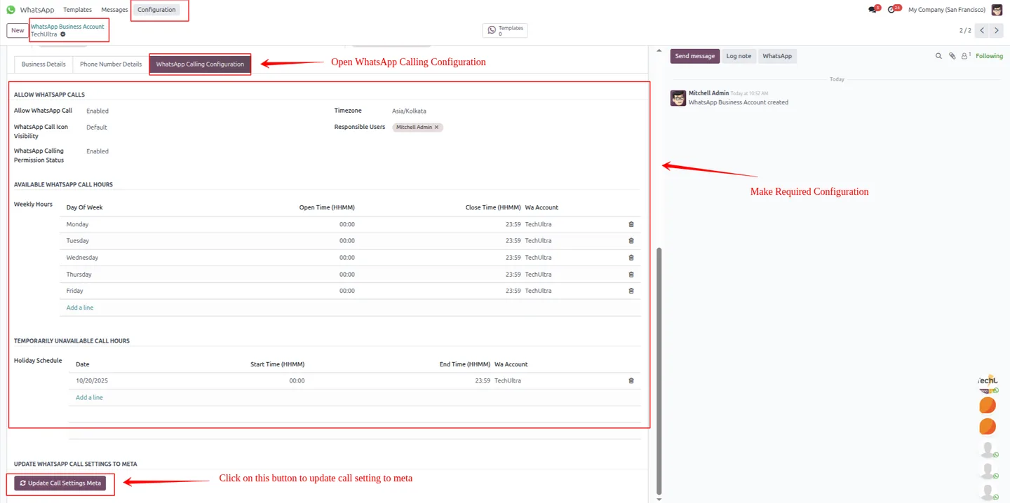 WhatsApp Calling working hours and holiday schedule settings in Odoo