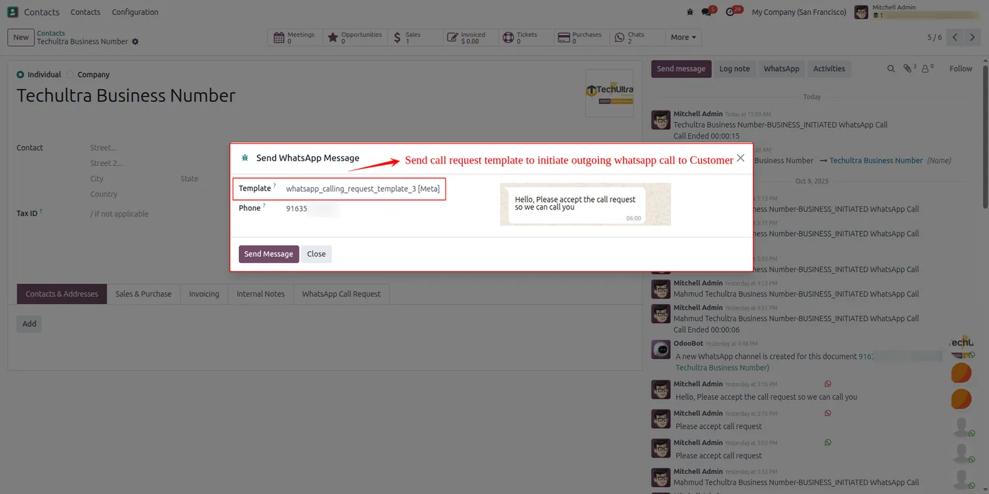 Configuring a WhatsApp call request template in Odoo