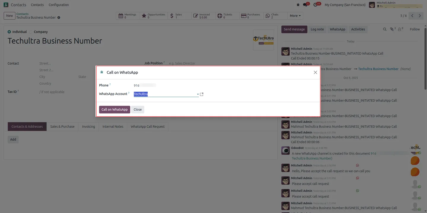 Starting an outgoing WhatsApp call from an Odoo record