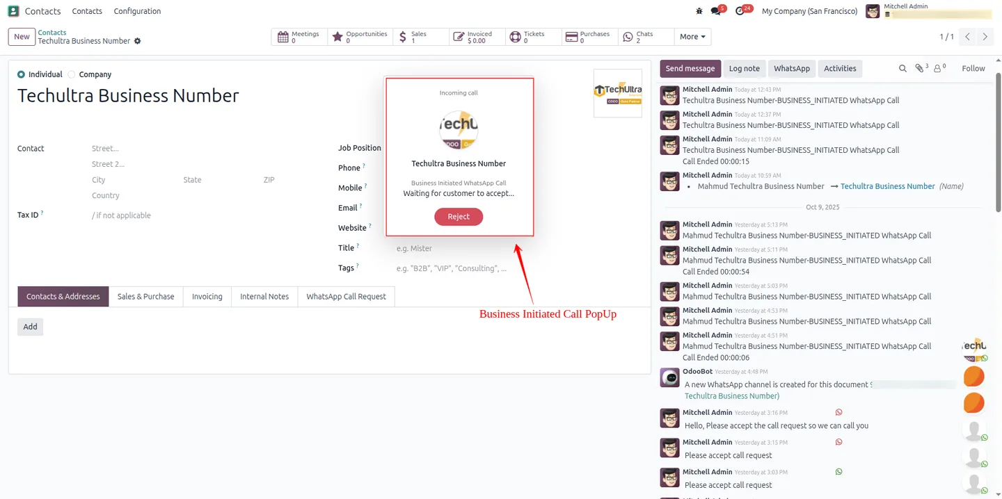 An active WhatsApp call shown in real time inside Odoo