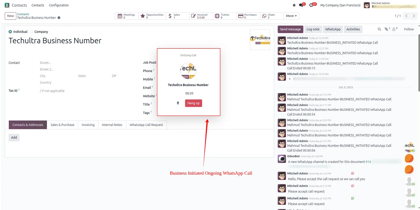 WhatsApp call history with duration and status in Odoo Enterprise