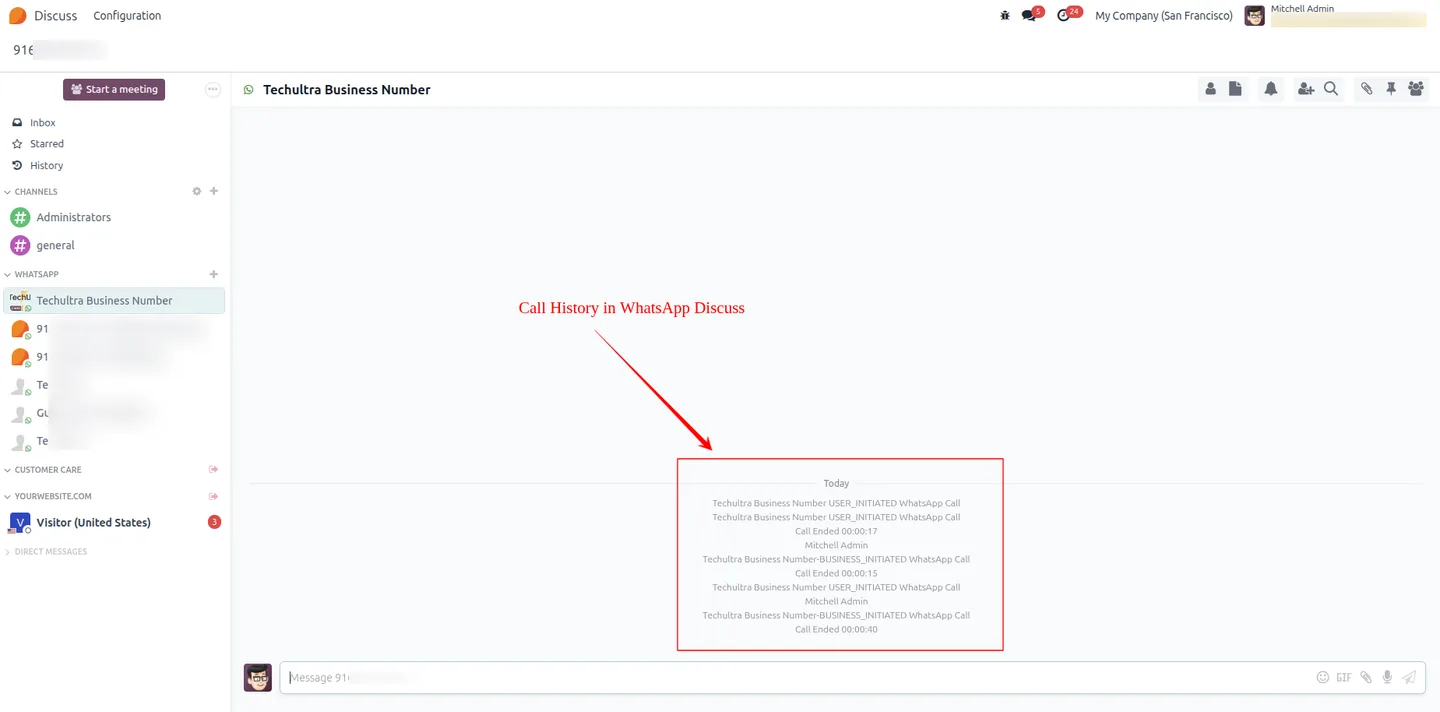 WhatsApp channel calling history for team review in Odoo