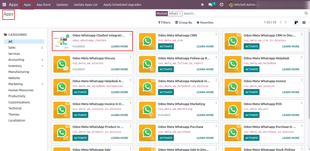 Odoo Apps menu showing the WhatsApp Chatbot application tile