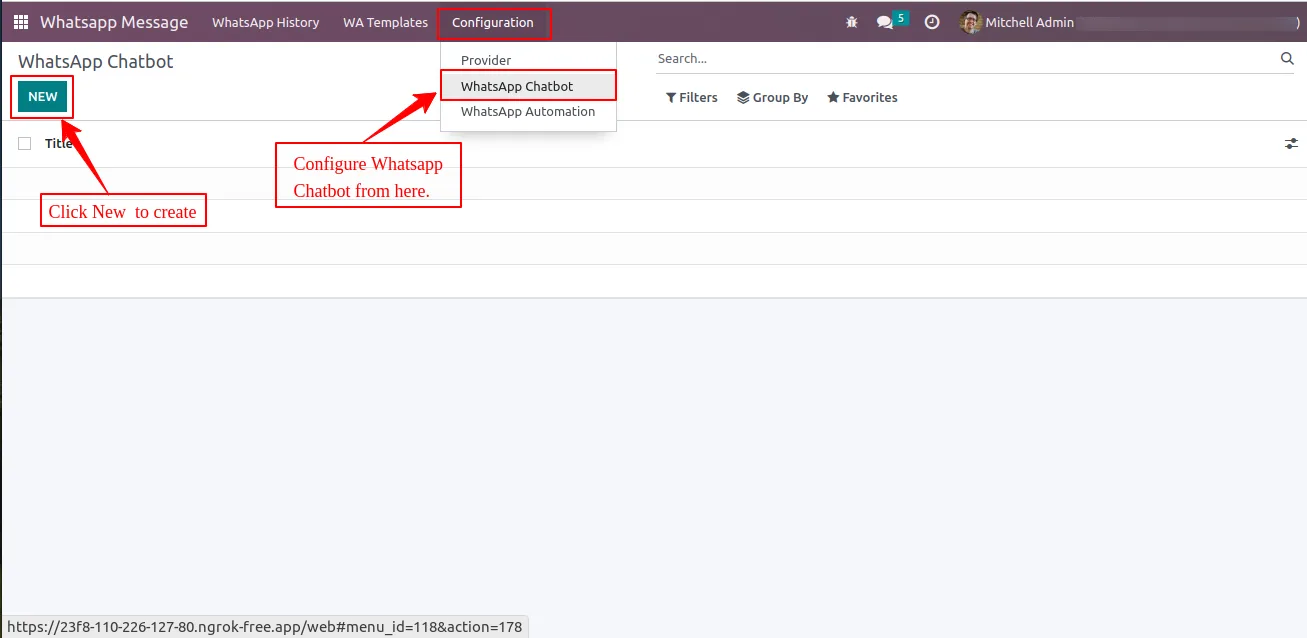 WhatsApp Chatbot configuration screen with bot name and operators