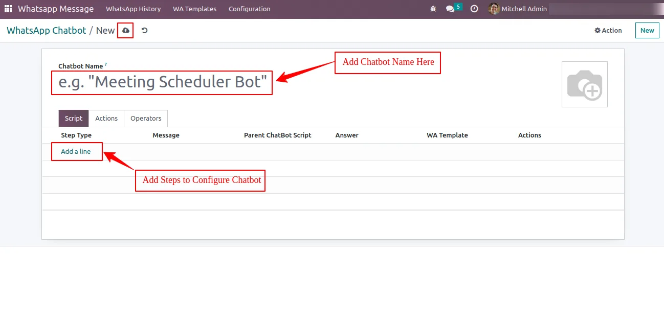 WhatsApp Chatbot list view inside Odoo with active bots