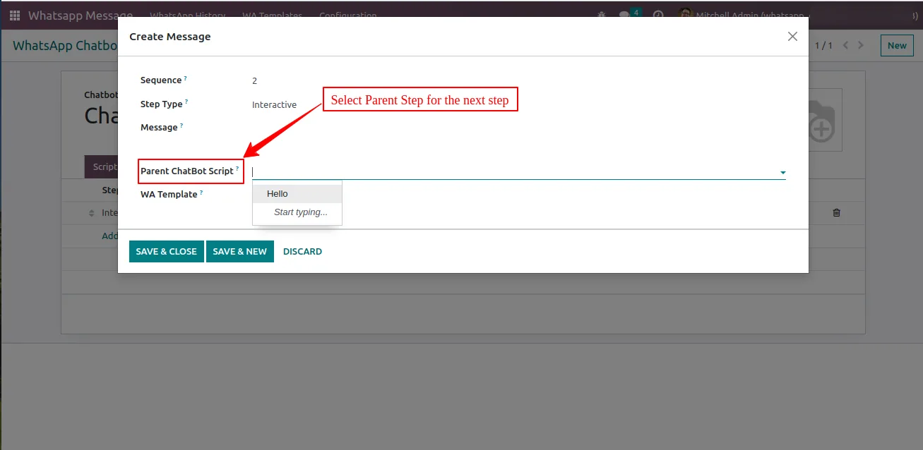 Linking child steps to a parent message in the WhatsApp Chatbot script