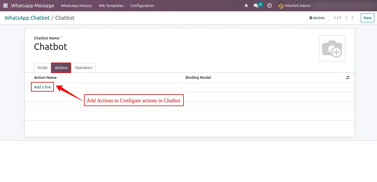 Adding an Odoo model action to a WhatsApp Chatbot step