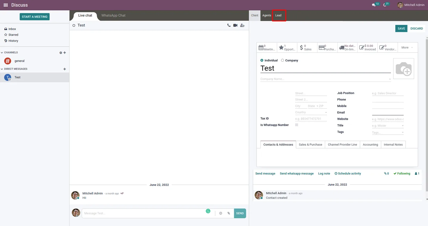 Lead tab showing CRM leads beside a WhatsApp conversation in Odoo