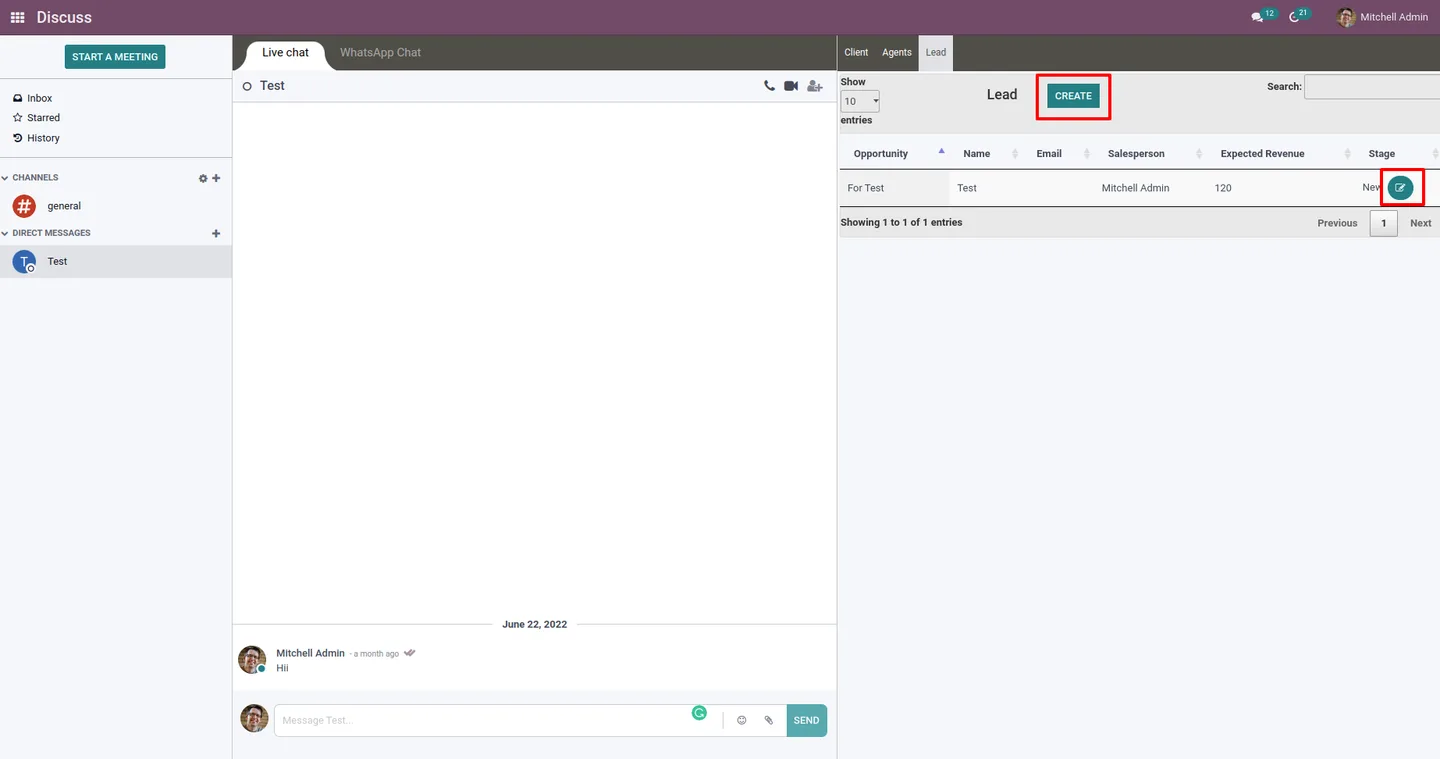 Creating and editing a CRM lead from inside Odoo's Discuss WhatsApp view