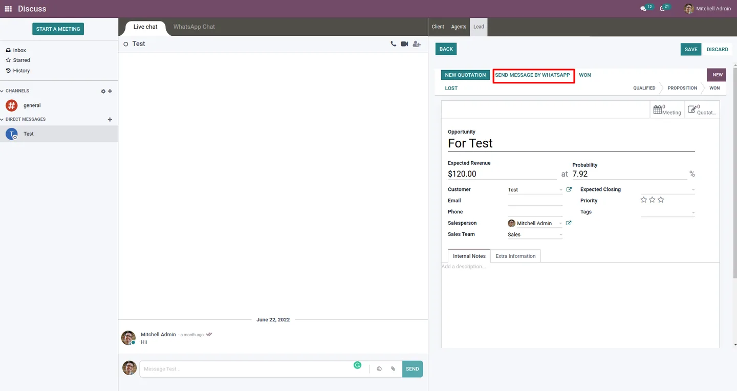 Send by WhatsApp button on an Odoo CRM lead