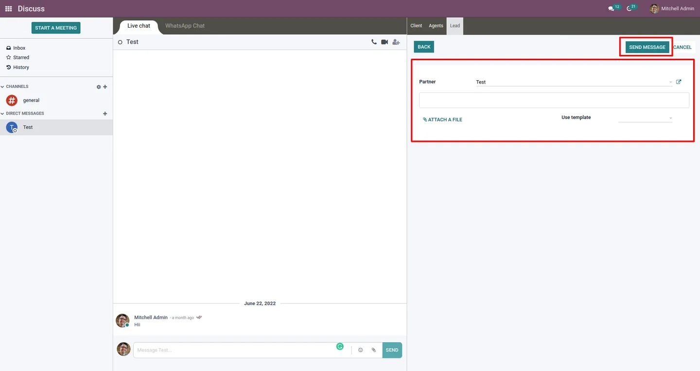 Sending a WhatsApp template message to a CRM lead in Odoo