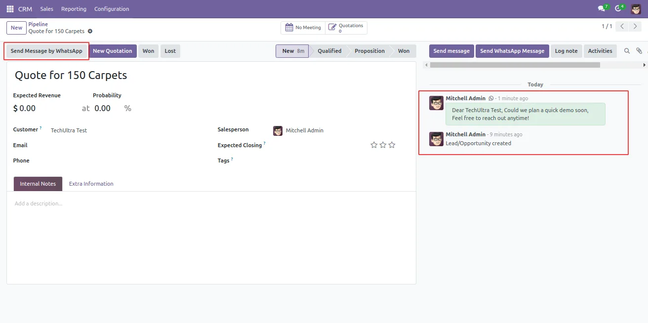 WhatsApp message thread visible on an Odoo CRM opportunity