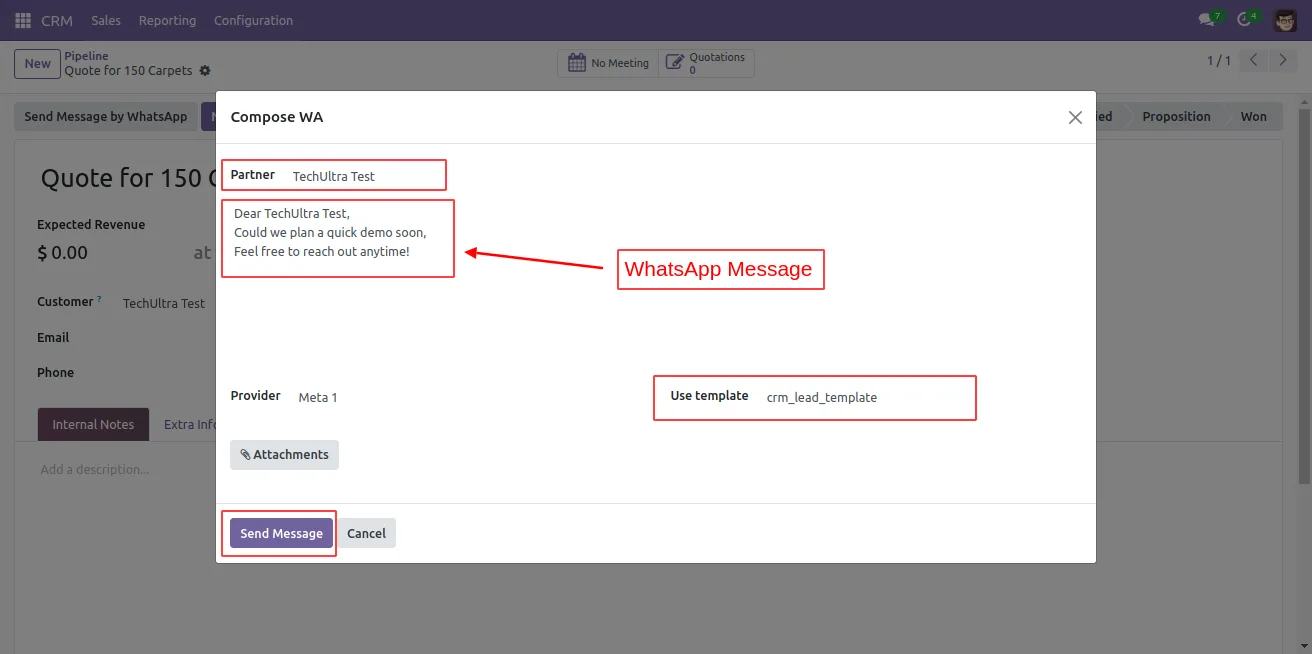 Customer WhatsApp reply received inside an Odoo CRM record