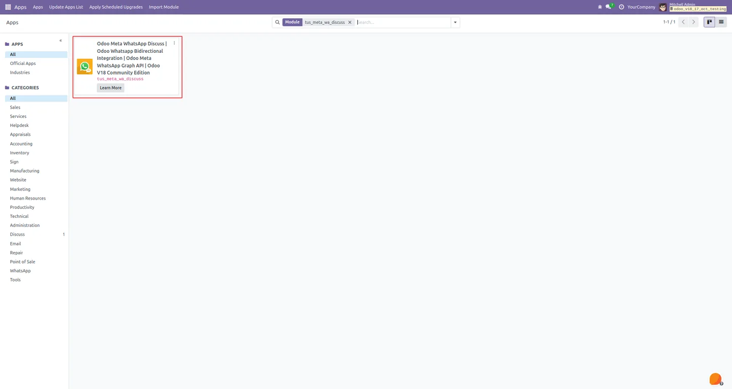 Odoo Discuss inbox with a live WhatsApp customer conversation open
