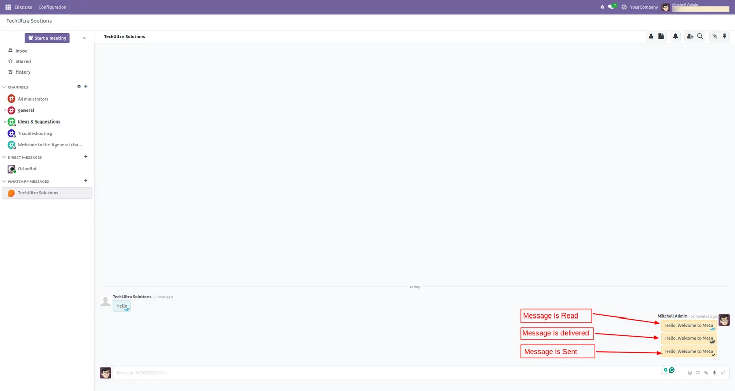 WhatsApp message sent and read receipts shown inside Odoo Discuss