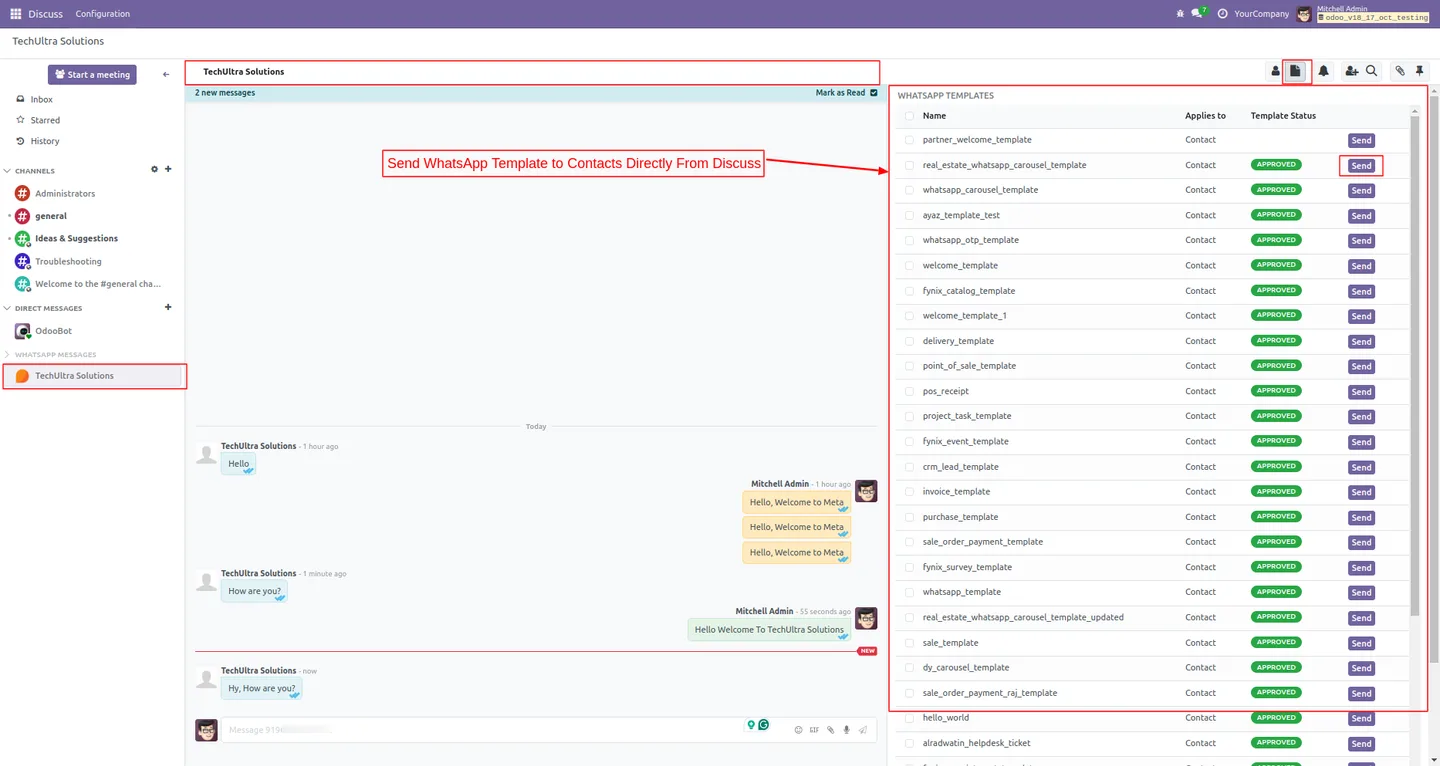Sending an approved WhatsApp template message from Odoo Discuss