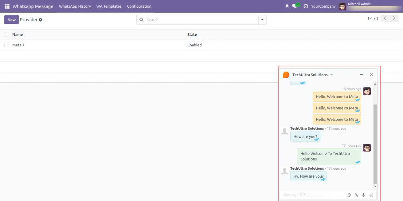 Send WhatsApp action enabled inside an Odoo document chatter